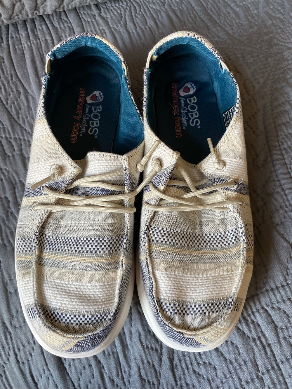 Skechers BOBS Beige Striped Canvas Slip-On Sneakers